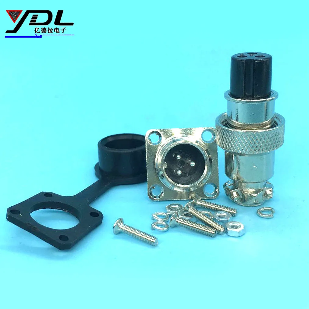 2 Sets GX12 3-Pin Square Aviation Socket & Plug Male Female 12mm Panel Cable Connector With Dust Cover Cap Screw