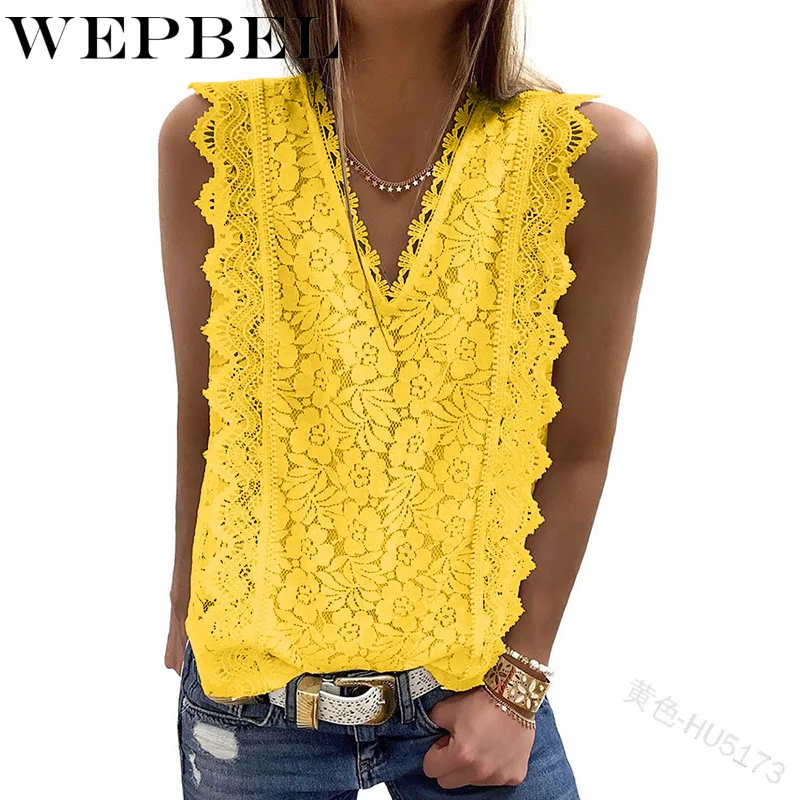 

WEPBEL Women Summer Lace Hollow Out Vest Shirt Top Casual Sleeveless Solid Color V Neck Sexy T-shirt