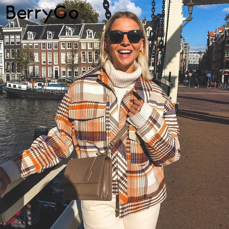 BerryGo винтажная уличная клетчатая куртка пальто Женская Повседневная с длинным рукавом безразмерная Дамская пальто осенне-зимняя верхняя одежда женские пальто