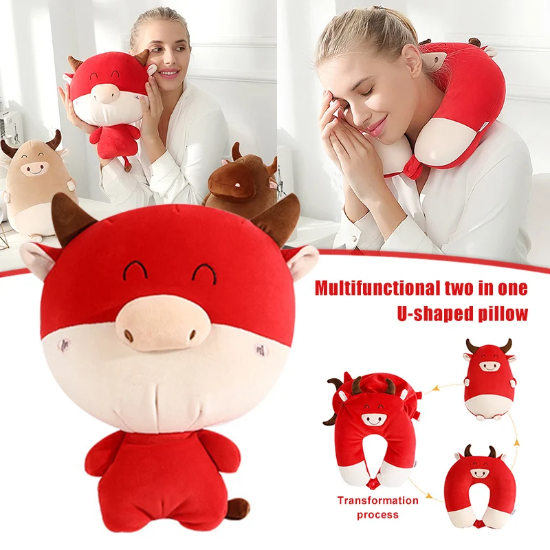 

Chinese Cartoon Year Of The Ox U-Shaped Dual-Purpose Pillow 2021 Chinese Ox New Year Lucky Zodiac Home Car Decorations H
