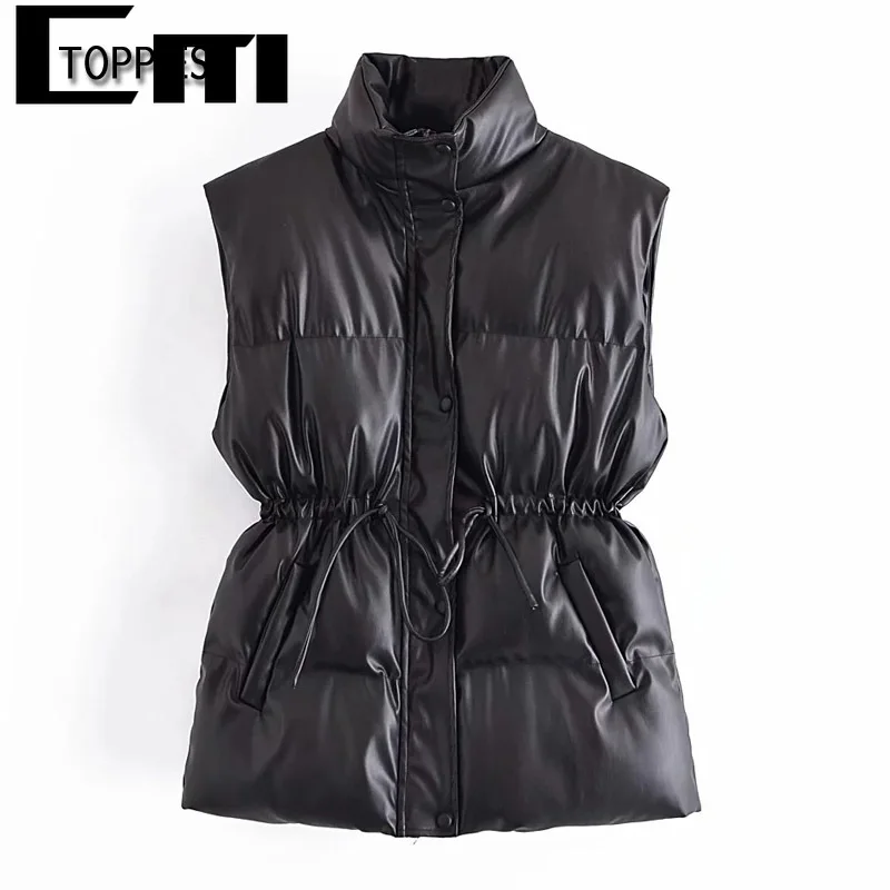 

Жилет Toppies женский зимний из искусственной кожи, пуховик без рукавов, свободный Приталенный жилет с кулиской и воротником-стойкой