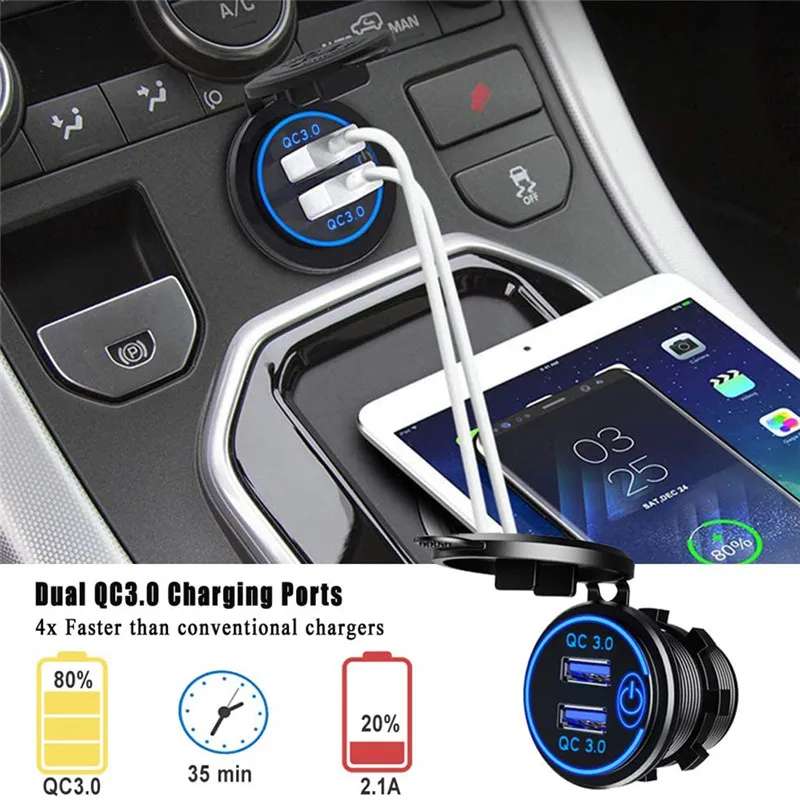 tkey qc 3 0 touch switch car dual usb charger socket waterproof universal mobile phone truck charging tablet charge for iphone free global shipping