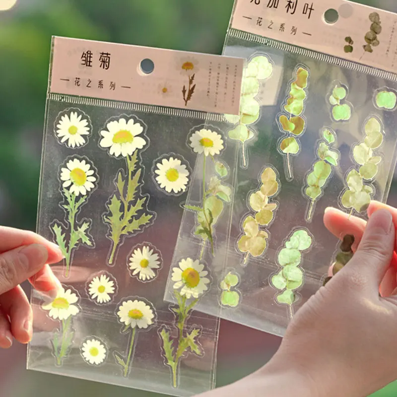 

Journamm 12 Designs Natural Daisy Clover Japanese Words Stickers Transparent PET Material Flowers Leaves Plants Deco Stickers