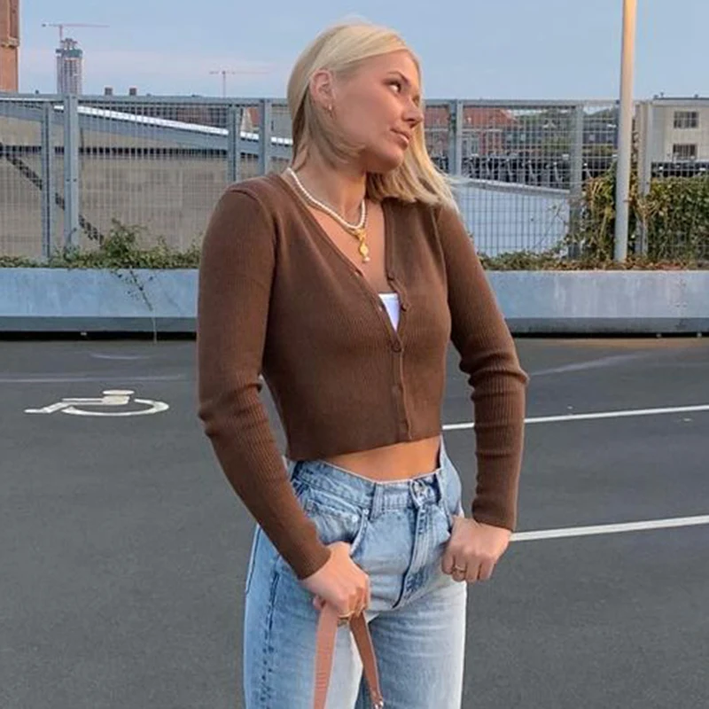 

Y2K Long Sleeve V Neck Rockmore Sweater Knitwear Women Autumn Knitted Cardigans Harajuku Traf Brown Crop Tops Solid Outwear