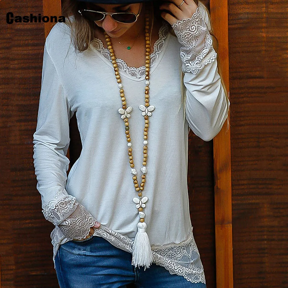 

Cashiona Plus size Women Elegant Casual T-shirt New Patchwork Lace Femme Top Pullovers 2021 Spring Tees Shirt Womens Clothing