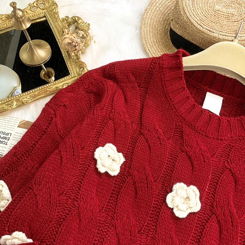 

Pullover Women Autumn Winter Japanese Vintage Red Handmade Crochet Floral O-Neck Loose Sweater Girl Outer Jumper Tops Student