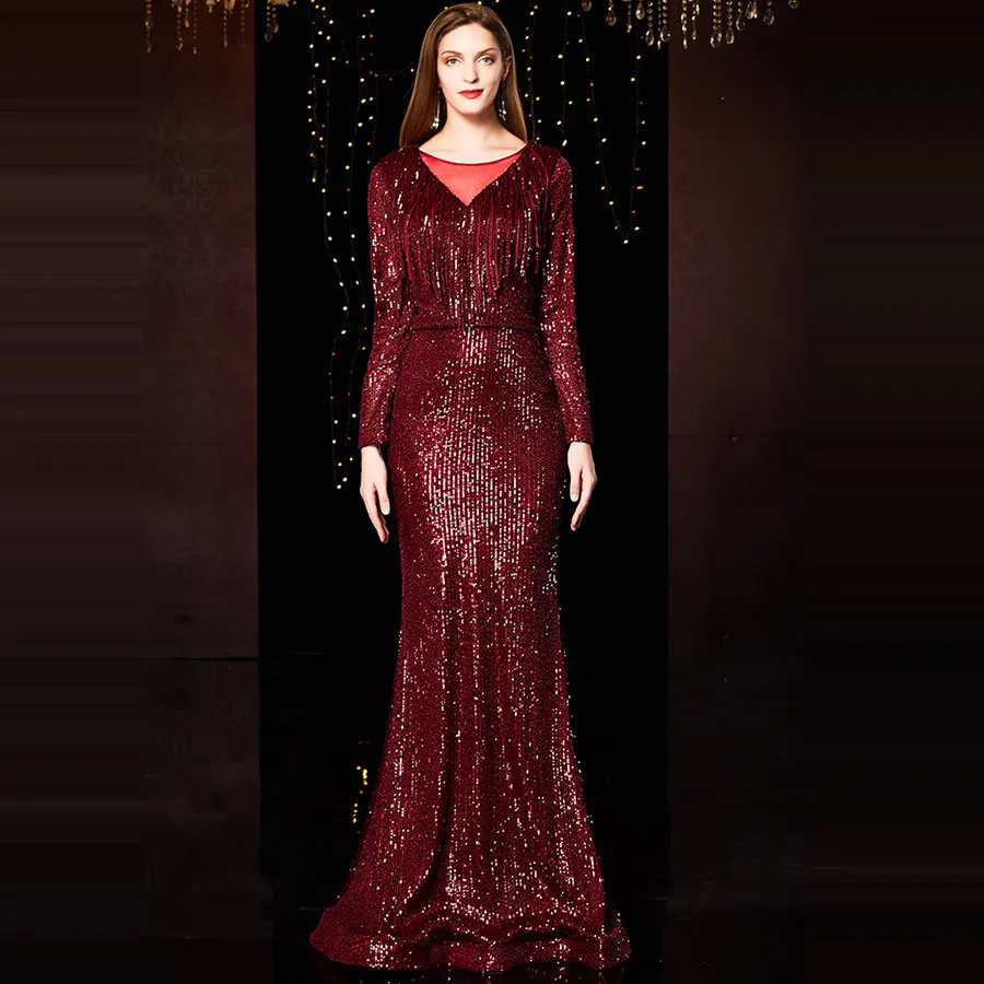 

Tassel Formal Dress Burgundy Sequins Women Party Dresses K040 Plus Size Robe De Soiree 2019 Elegant Long Sleeves Evening Dresses