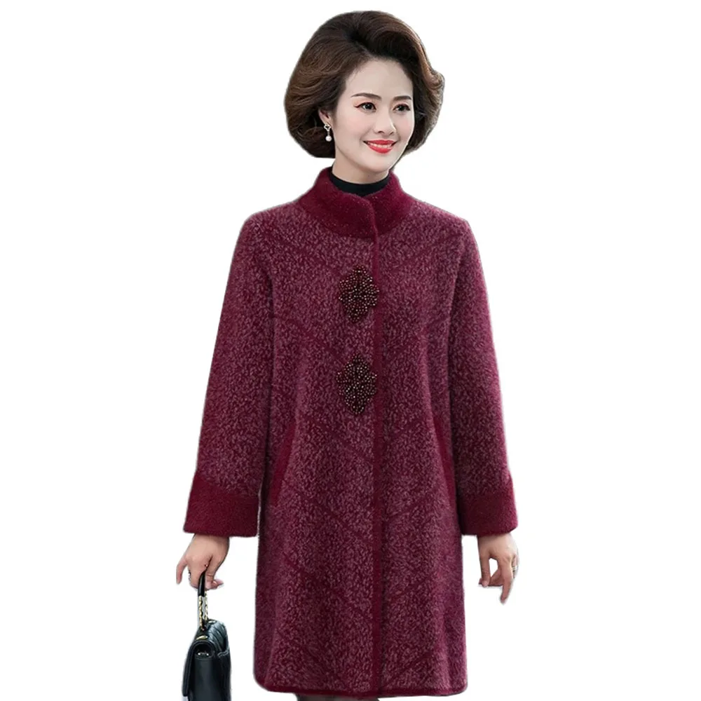 Middle-aged Women Woolen Coat Winter New Imitate Mink Fleece Wool Jacket Fashion Mid Long Thick Warm Woolen Female Outwear R1689