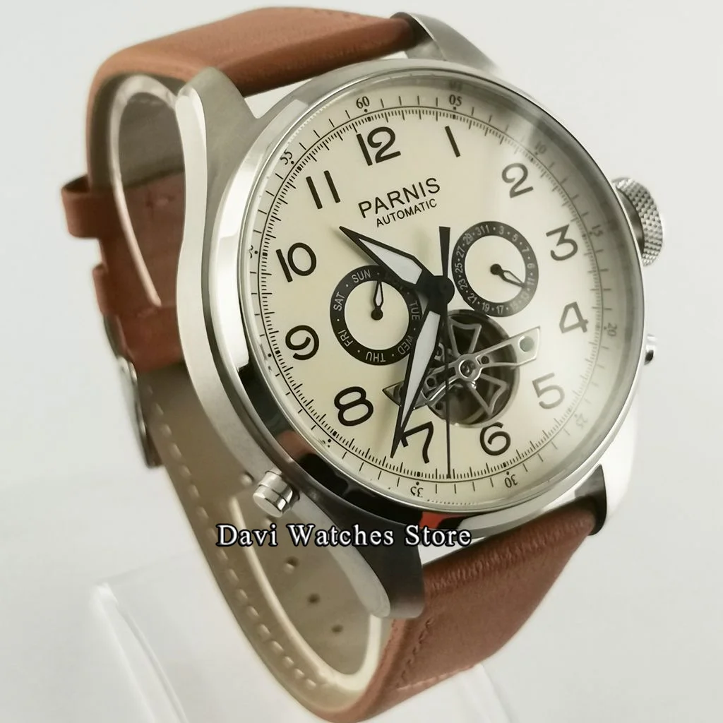 Мужские часы с календарём и недели Parnis оранжевые коричневым ремешком диаметром 48