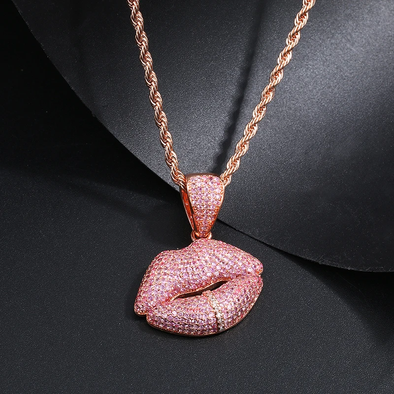 

Pink Crystal Lips Pendant Necklace For Women Men Hip Hop Rose Gold Jewlery Iced Out 4mm Tennis Chain Dropshipping