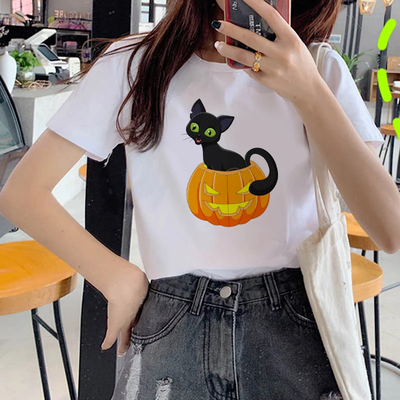 

Women's T-shirt 90s Ulzzang Harajuku Graphic Funny Pumpkin and cat Print T-shirt O Neck Casual Women's Top T-shirt