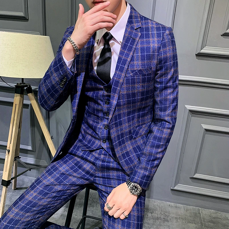 Костюм мужской Клетчатый облегающий Свадебный Дизайнерский жениха комплект из 3
