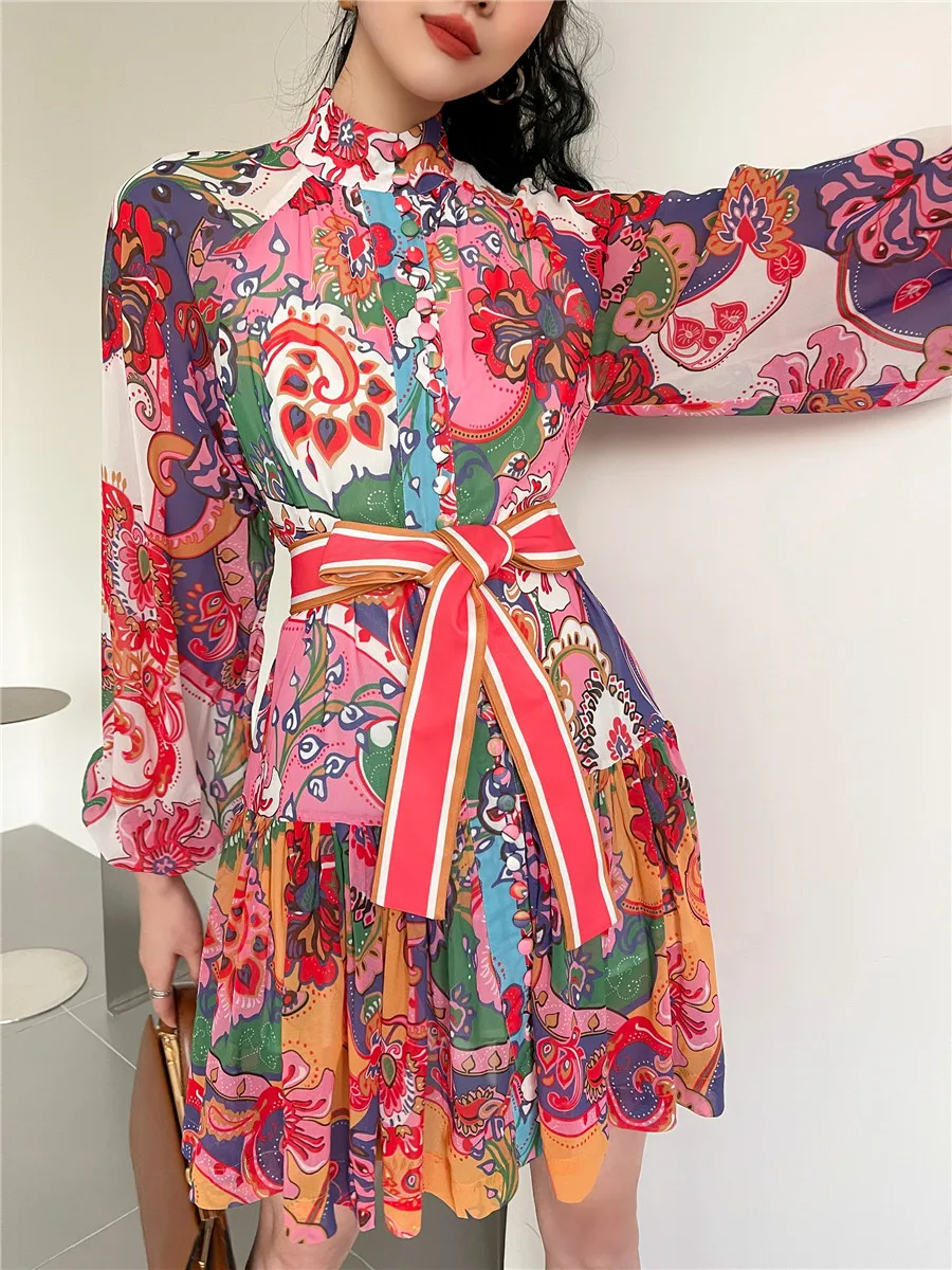 

Bornladies 2021 Spring Japanese Korean Trendy Outfits Dress for Women Vintage Chiffon Long Sleeves High Waist Belt Party Dresses