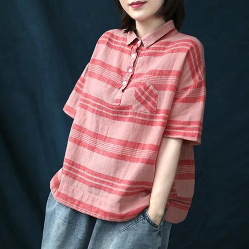 2020 Summer New Arts Style Women Loose Casual Turn-down Collar Striped Shirts Short Sleeve Cotton Linen Blouses Femme Tops S772