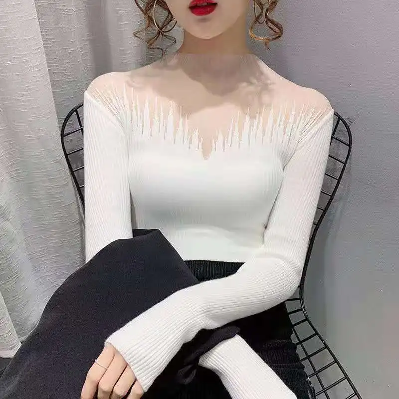 

Half high neck lace mesh knit bottoming shirt tops spring and autumn new sweater women foreign style self-cultivation sexy
