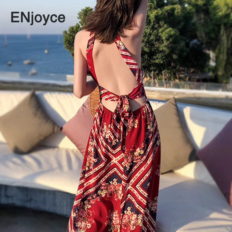

Summer Ladies Bohemian Printed Off-Shoulder Halter Maxi Dress Women Sleeveless Holiday Beach Style Sexy Dresses Vestidos