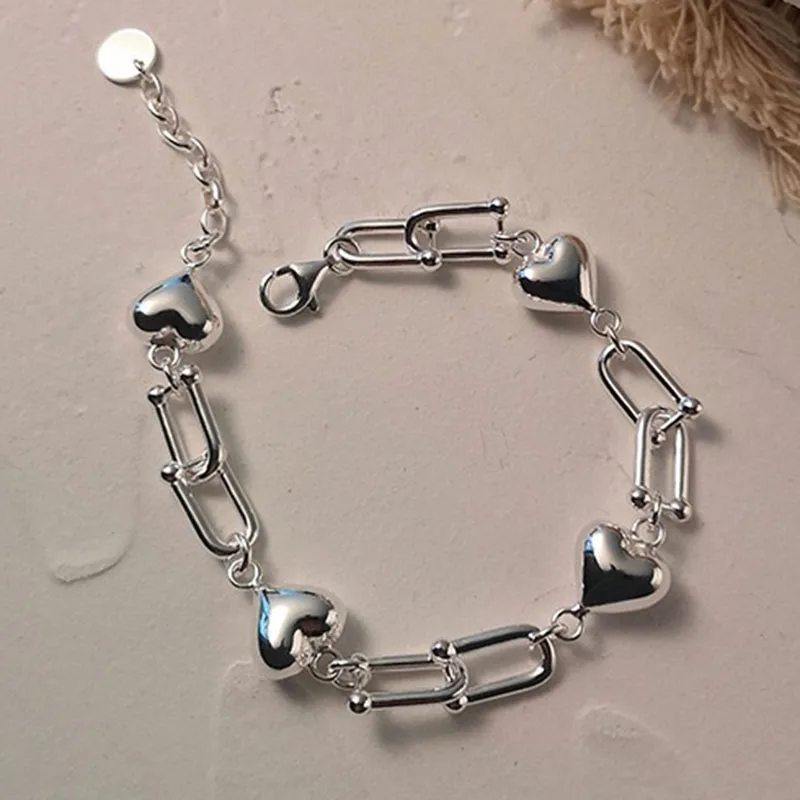 MEWANRY 925 Steamp U Shaped Chain Bracelets for Women New Trendy Elegant Smooth LOVE Heart Punk Party Jewelry Wholesale | Украшения и