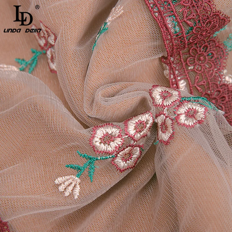 

LD LINDA DELLA Fashion Runway Summer Gorgeous Party Midi Dress Women Long sleeve Luxury Lace Mesh Embroidery Vintage Dress