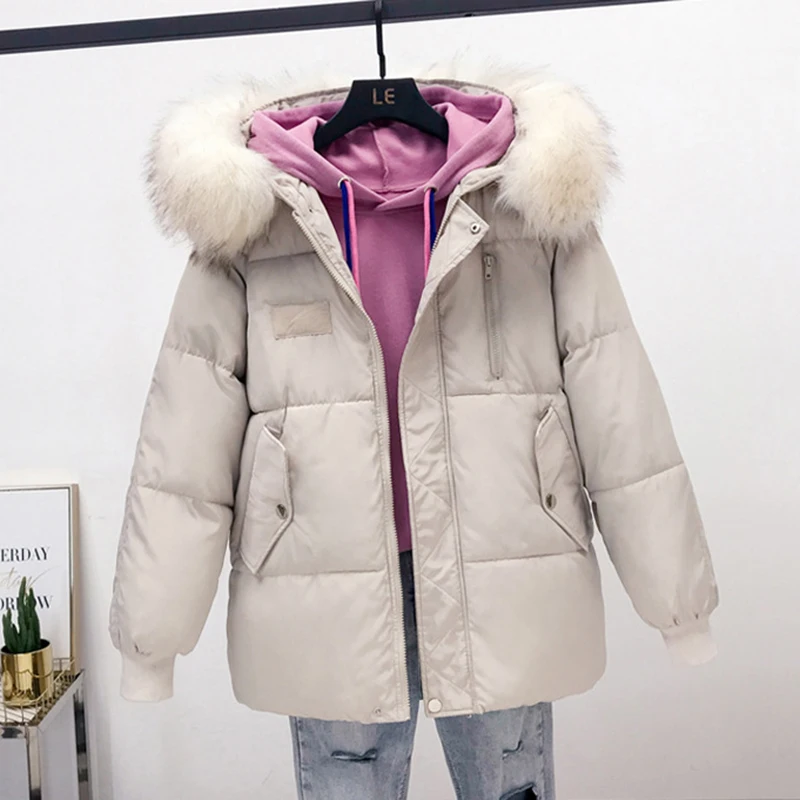 Женская Корейская куртка с большим меховым воротником и капюшоном новинка 2019