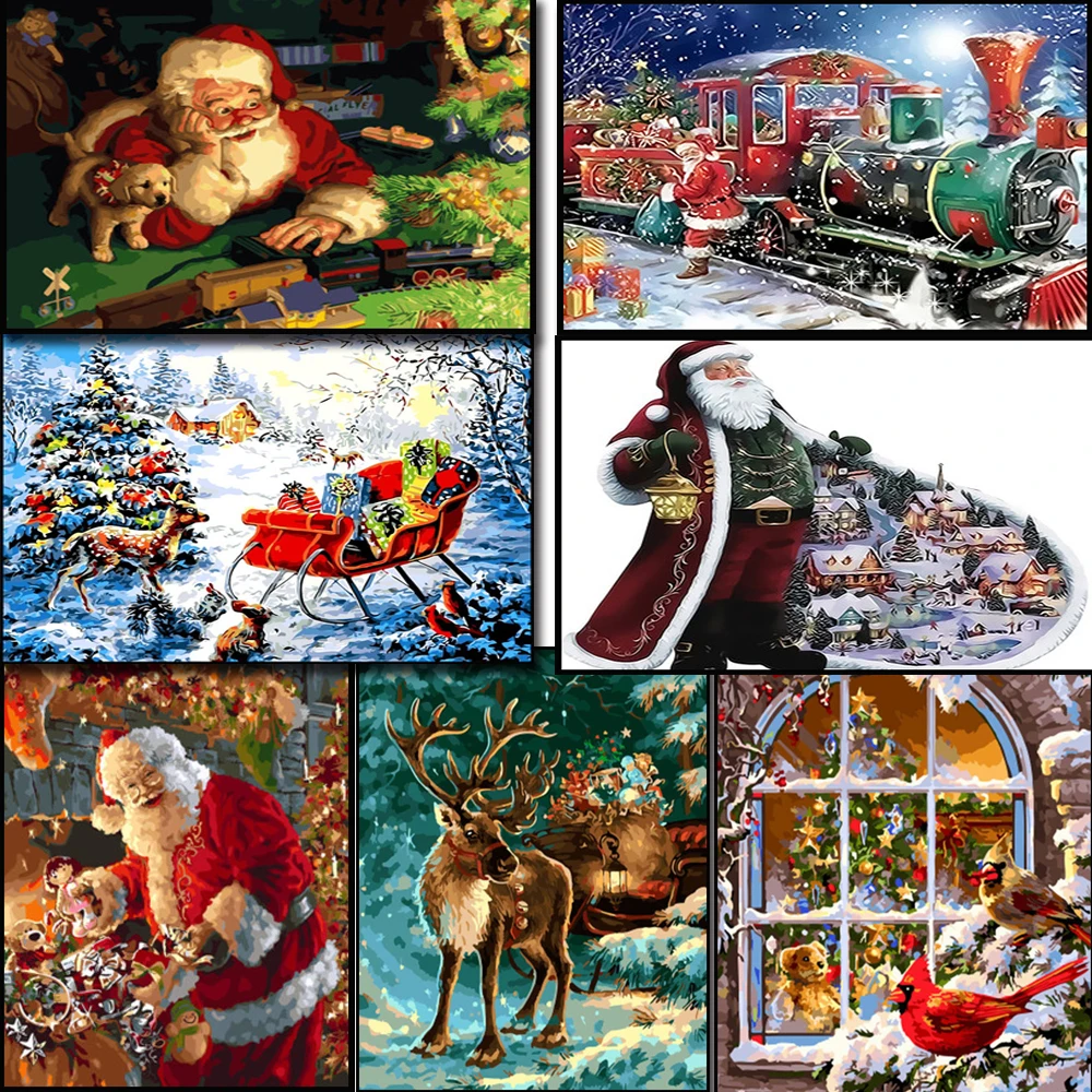 Painting By Numbers Framed Santa Claus Picture DIY Paint On Canvas Hand Paint By Number for Kids Drawing Christmas Painting Gift