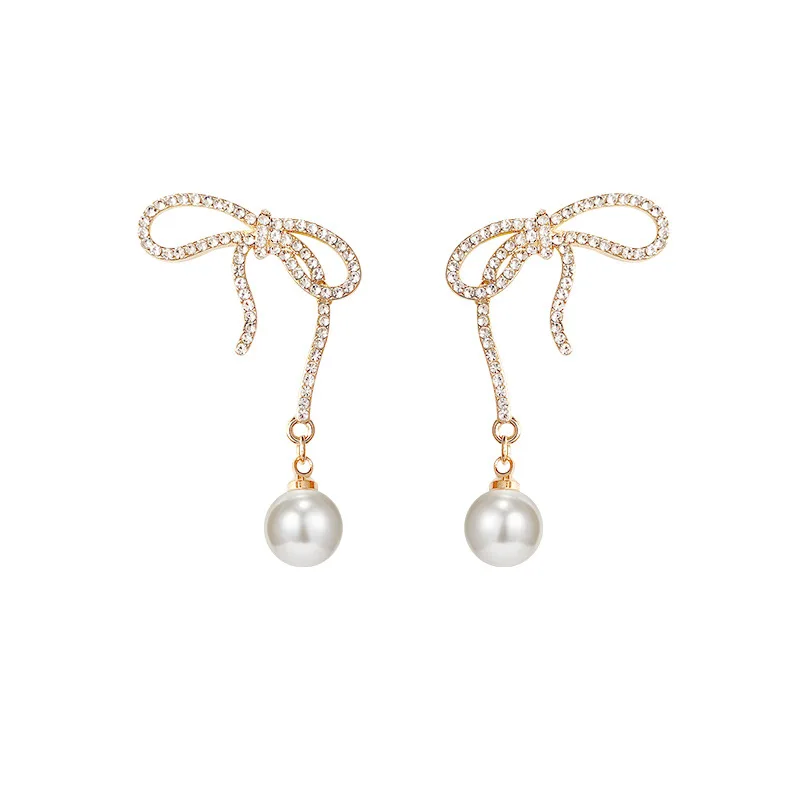 Pearl earrings feminine bow high-end personality Korean 2020 new trendy fashion elegant Fashion Stud Earrings | Украшения и