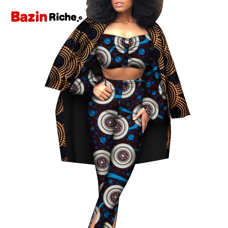 Pant Set Spring 3 pcs Suit African Dresses for Women Mini  Top and Long Pant and Long Sleeve Coat  Sexy Lady Dress WY6447