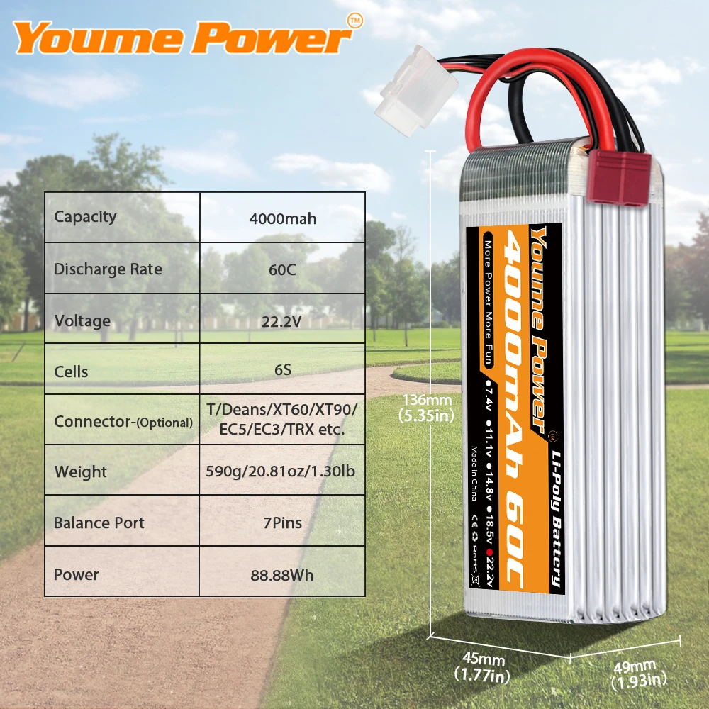 Youme-bater&iacute;a Lipo 6S 22,2 V, 3300mah, 4000mah, 4500mah, 5200mah, 6200mah, 6500mah, 60C, XT60 T, Deans, XT90, EC5, coche, avi&oacute;n a control remoto, piezas de Heli-2