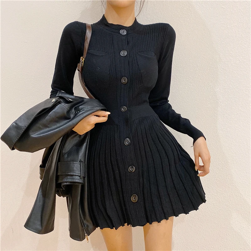 Весеннее вязаное плиссированное платье-свитер женское элегантное платье с