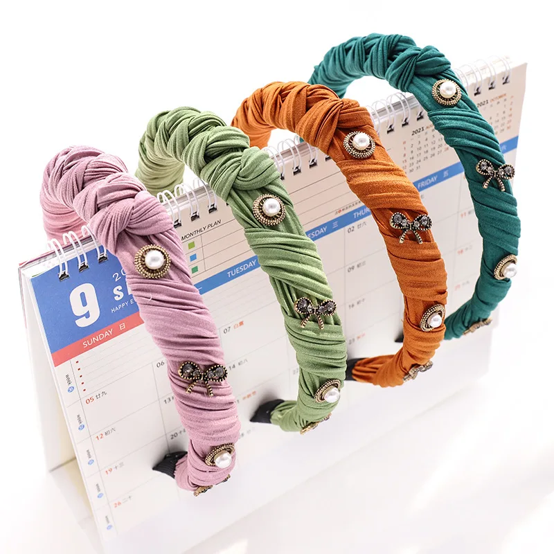 

Плетеные эластичные повязки для волос с жемчугом и бантом, обруч для волос, модные повязки для волос, фиксирующие Нескользящие головные убо...