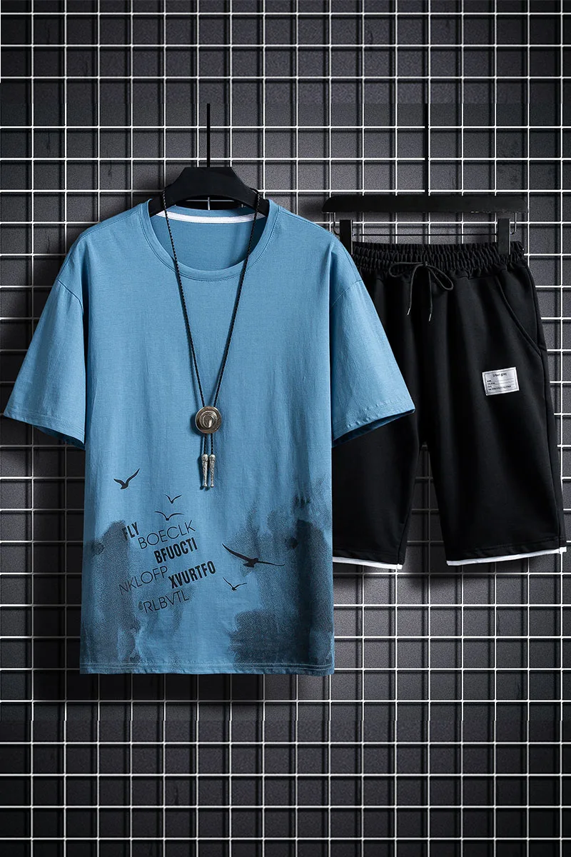 

Shorts Set Men 2021 Summer Fashion Fitness Suit Fashion Print T-Shirt + Shorts Sportswears 2 Piece Sets Male Jogger Tracksuit