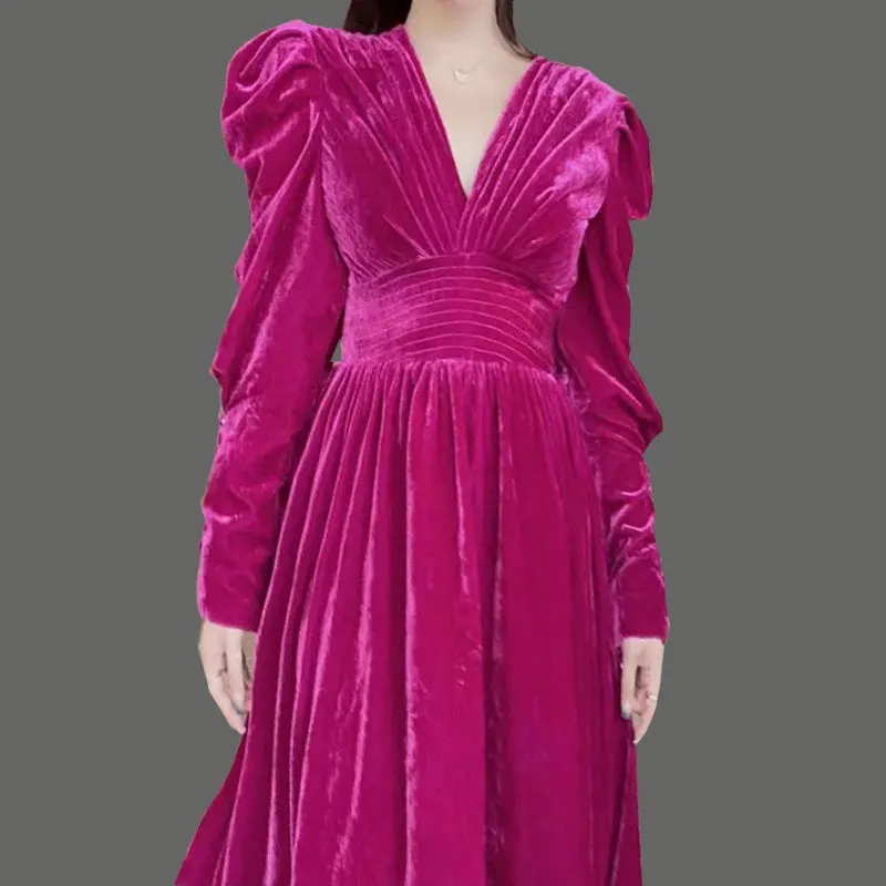 

Autumn and winter 2021 new gold velvet dress women French retro V-neck waist Office prom Lady Ankle Red bottoming evening dress