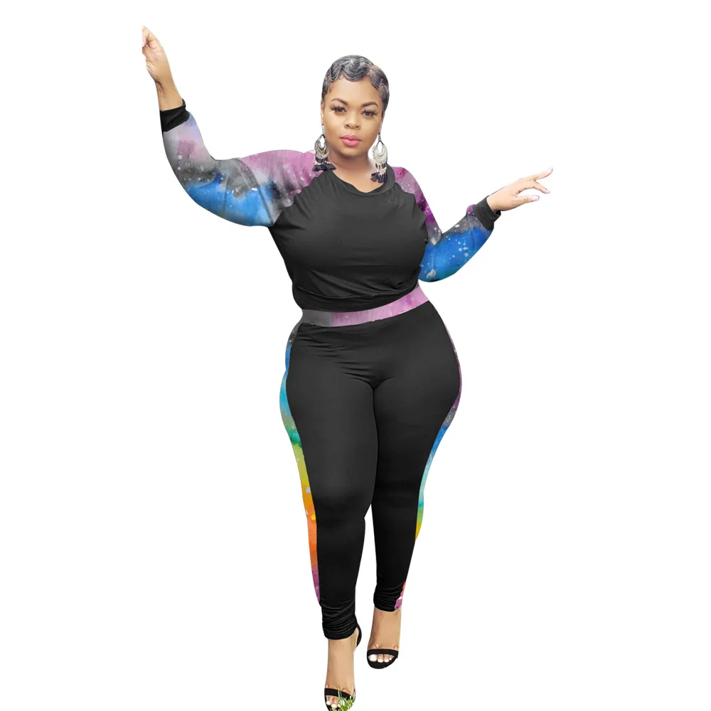 

Cutubly Plus Size XL-5XL Women's Set Printed Patchwork Two Piece Set Sweatshirt Jogger Pants Tracksuit Matching Set Outfit