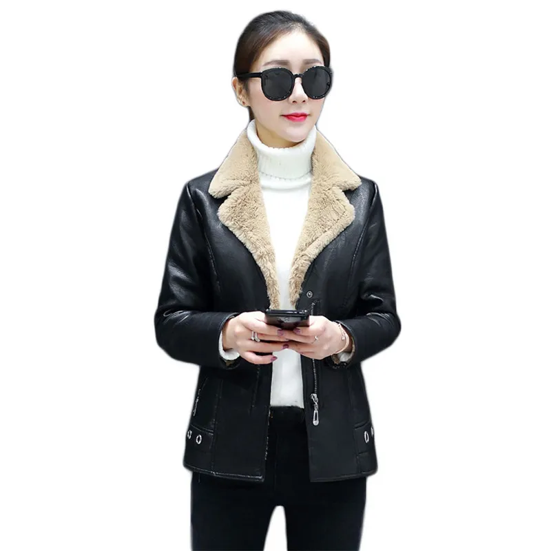 

Leather Coat Women Plus Velvet Thick 2021 Autumn Winter New Korean Short Slim Khaki Gray Long Sleeve PU Jackets Feminina JD1013