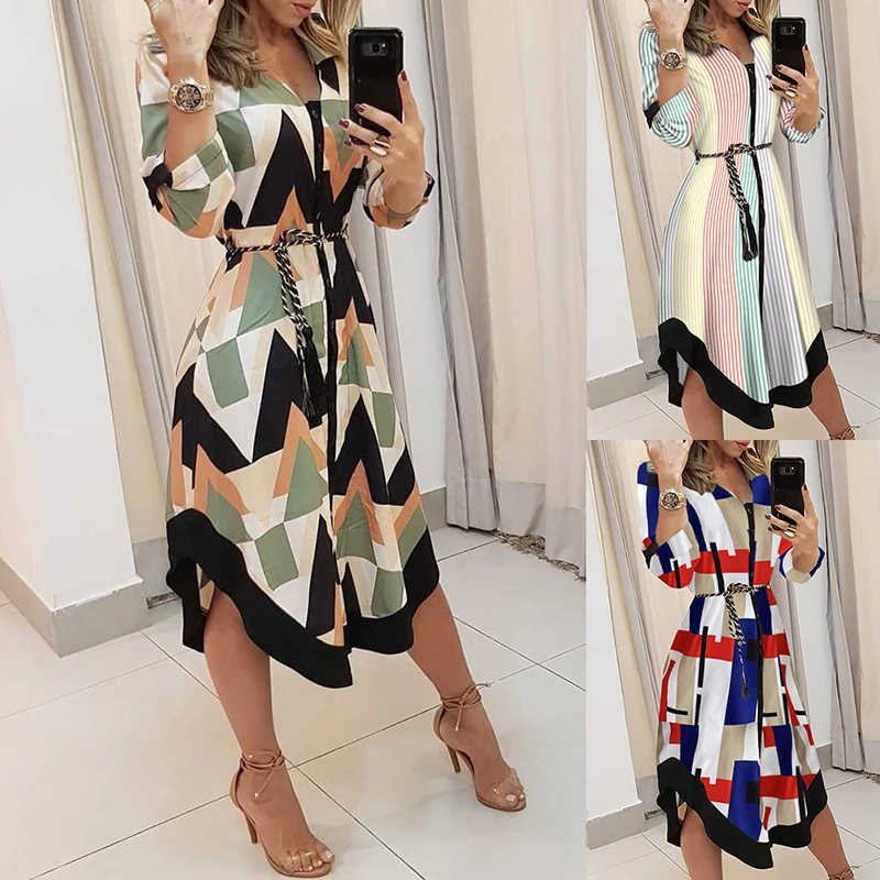 

Women's Geometric-Print Shirt Dress Long Sleeved Irregular Hem Ladies Lapel Neck Midi Dress Waist Tie Lace Up Dresses SEC88