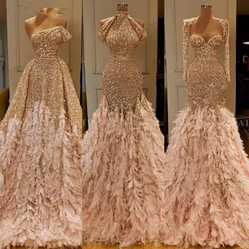 

Glitter Gold Sequin Mermaid Feather African Prom Dresses Long Sleeve One Shoulder Evening Gown Plus Size Graduation Formal Dress