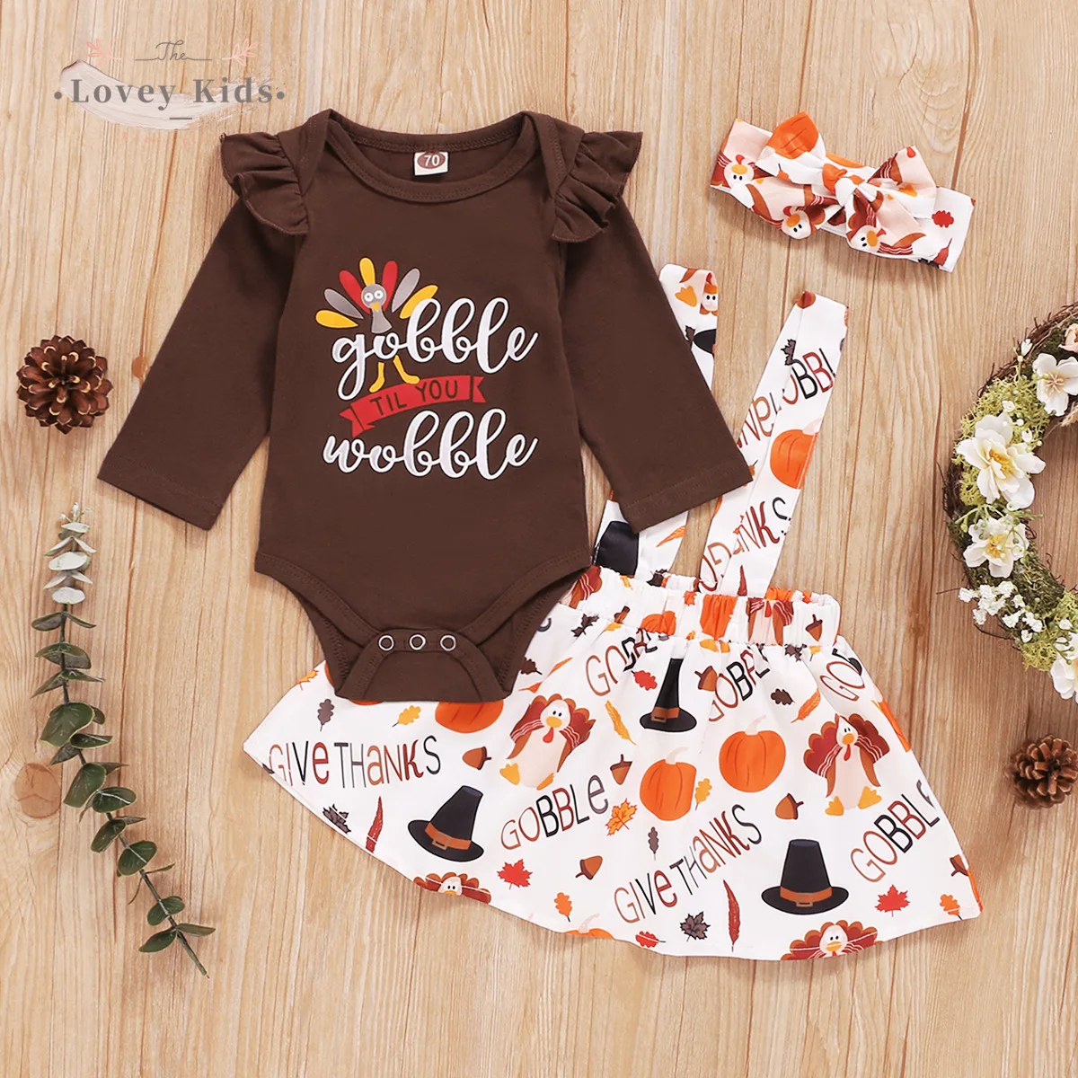 

2021 Baby Boy Girl Thanksgiving 3PCS Sets Turkey Print Bodysuit Ruffle Sleeve Skirt Headband Toddler Newborn Infant Party Outfit