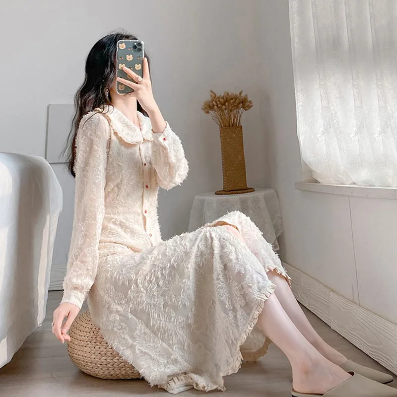 

One-Piece 2021 Korean Style Spring Chic Dress French Vintage Fairy Tassel Base Dress Peten Pan Collar Temperament Elegant Dress