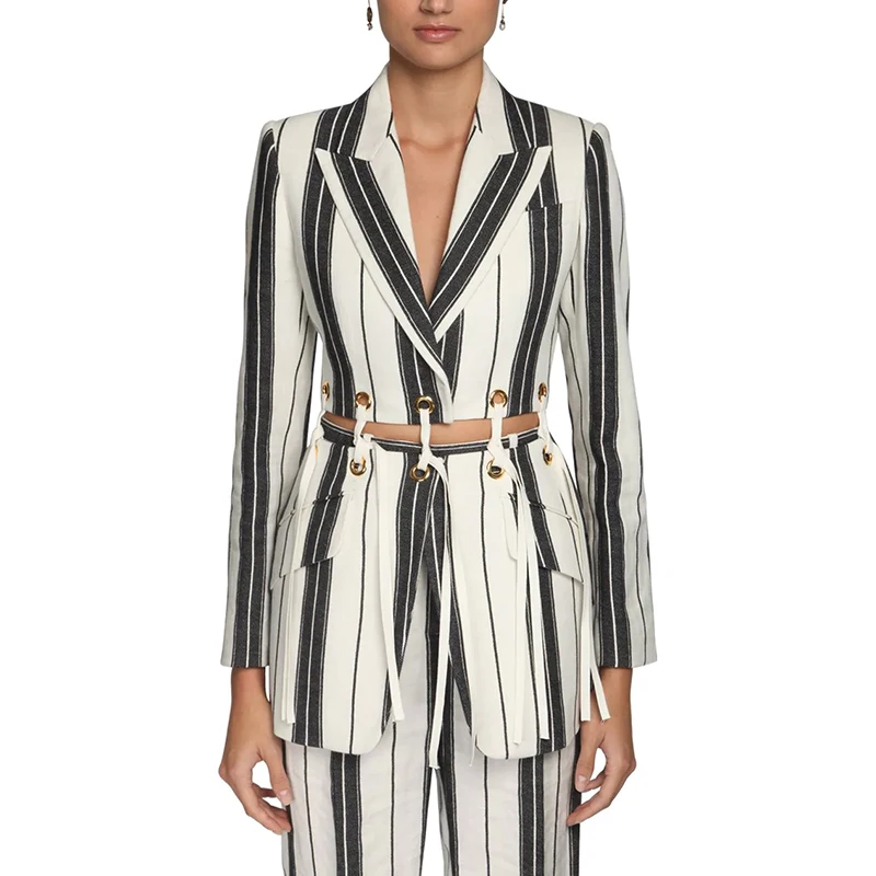 

HIGH STREET Newest 2022 Designer Runway Suit Set Women's Lacing Rope Detachable Linen Striped Print Blazer Pants Suit