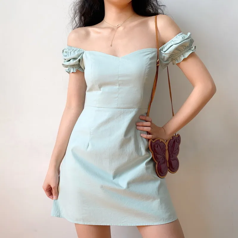 

Women Summer Sweet Blue Green Casual Square Collar Bodycon Dress Puff Sleeve High Waist Elegant A-line Sexy Mini Dresses 2021