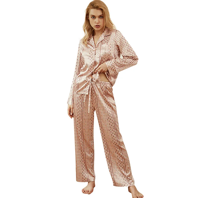 

New Pajama Sets Female with Long-pants Ice Silk Long-sleeved V-neck Casual Women's Home Clothes Thin Cardigan Pants 2 Piece Set