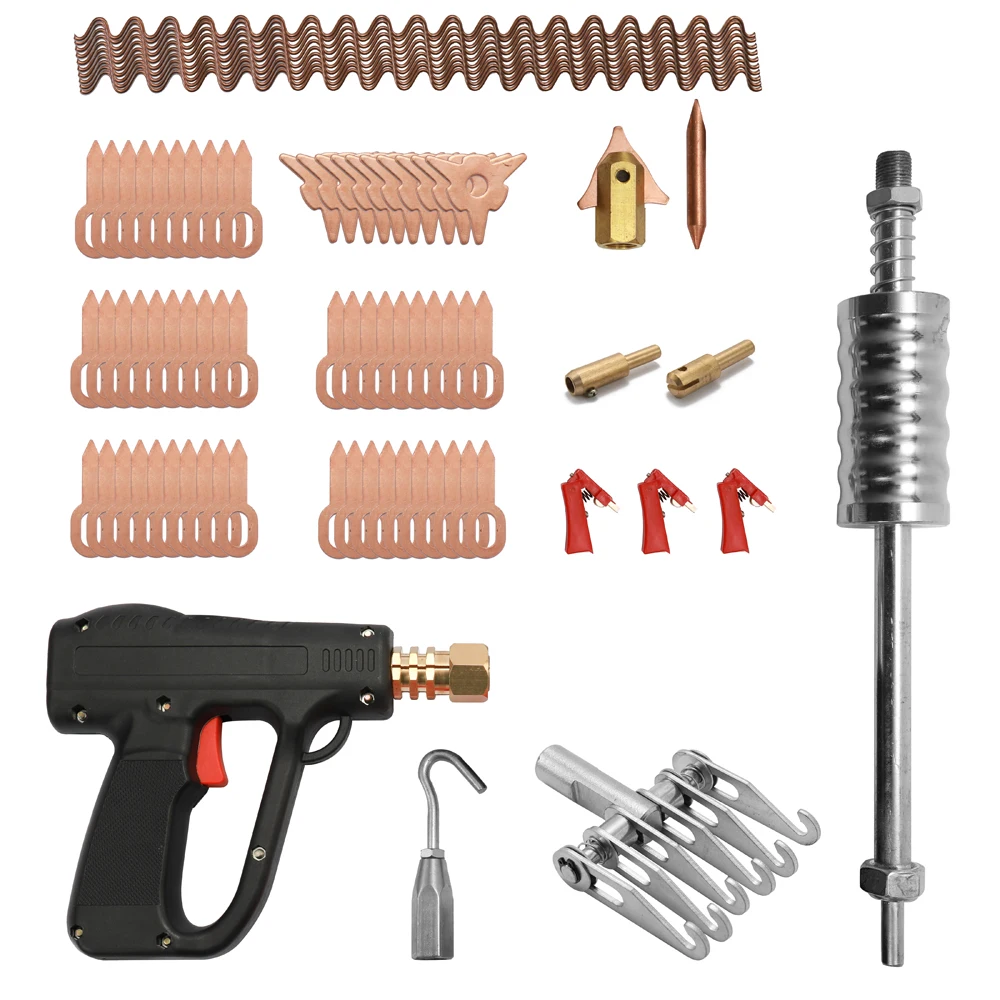 barato 81 Pçs Kit Extrator Dent Corpo Do Carro Ferramentas De Reparação Eletrodos Soldagem A Ponto Spotter Máquina Soldador Remoção Straightengling Dentes