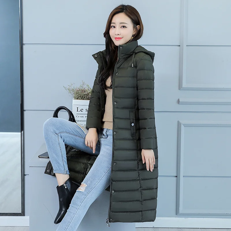Зимняя женская куртка теплое хлопковое пальто с капюшоном длинная пуховая