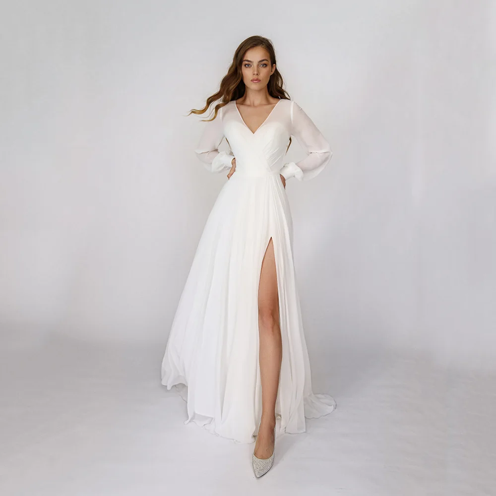 

Платье Свадебное шифоновое в пол, с длинным рукавом и V-образным вырезом