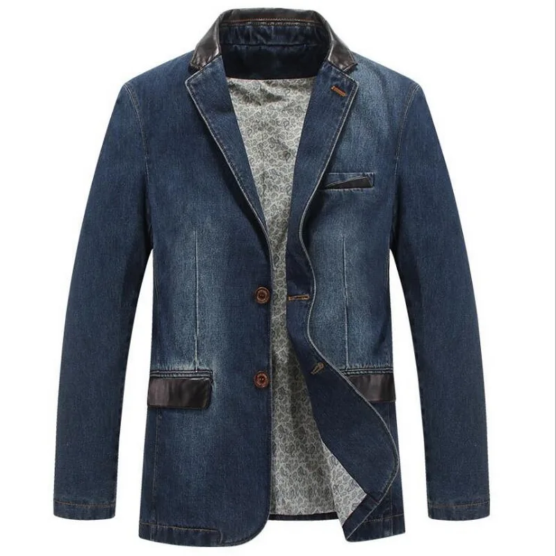 Autumn Fashion Male Slim Fit Casual Denim Suit Jacket Men Stitching leather Blazer Terno Masculino Brand Mens Denim Blazer