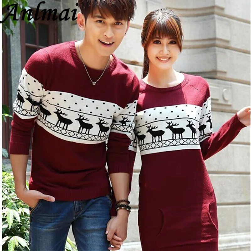 

New Fashion Winter Men's /Women Long Sleeve Wine Red Pullovers Matching Deer Couple Christmas New Year Sweaters