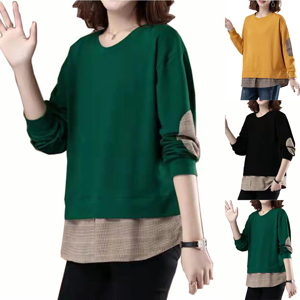 

Womens Long Sleeve Fake Two Pieces Sweatshirt Round Neck T Shirt Casual Baggy Loose Tops Blouse