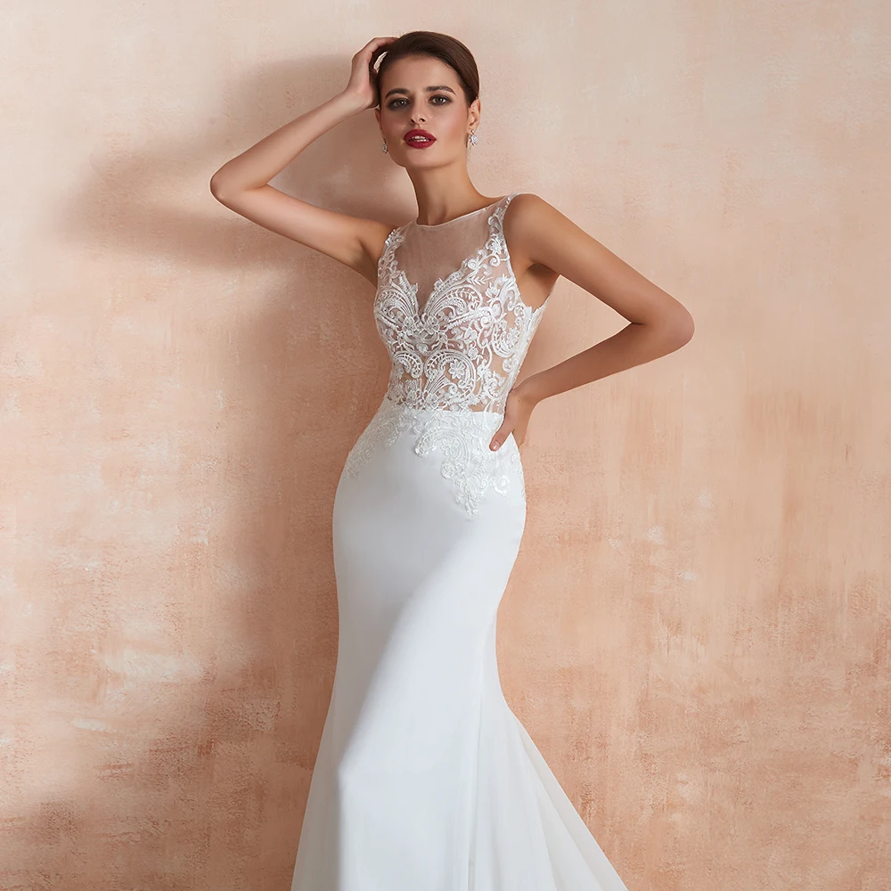 Простые кружевные свадебные платья Русалка Воротник Sheer Jewel Иллюзия сзади шифон