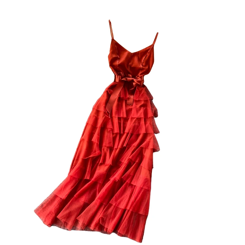

New Summer Elegant Strap V-neck Layer Ruffles Gauze Waist Puff Dress Women Sexy Sling Mesh Fairy Party Club Dresses Vestidos