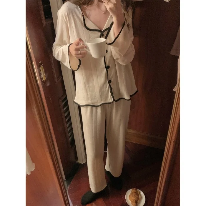 Пижама с лацканами и волнистыми краями Женская Удобная Повседневная Домашняя