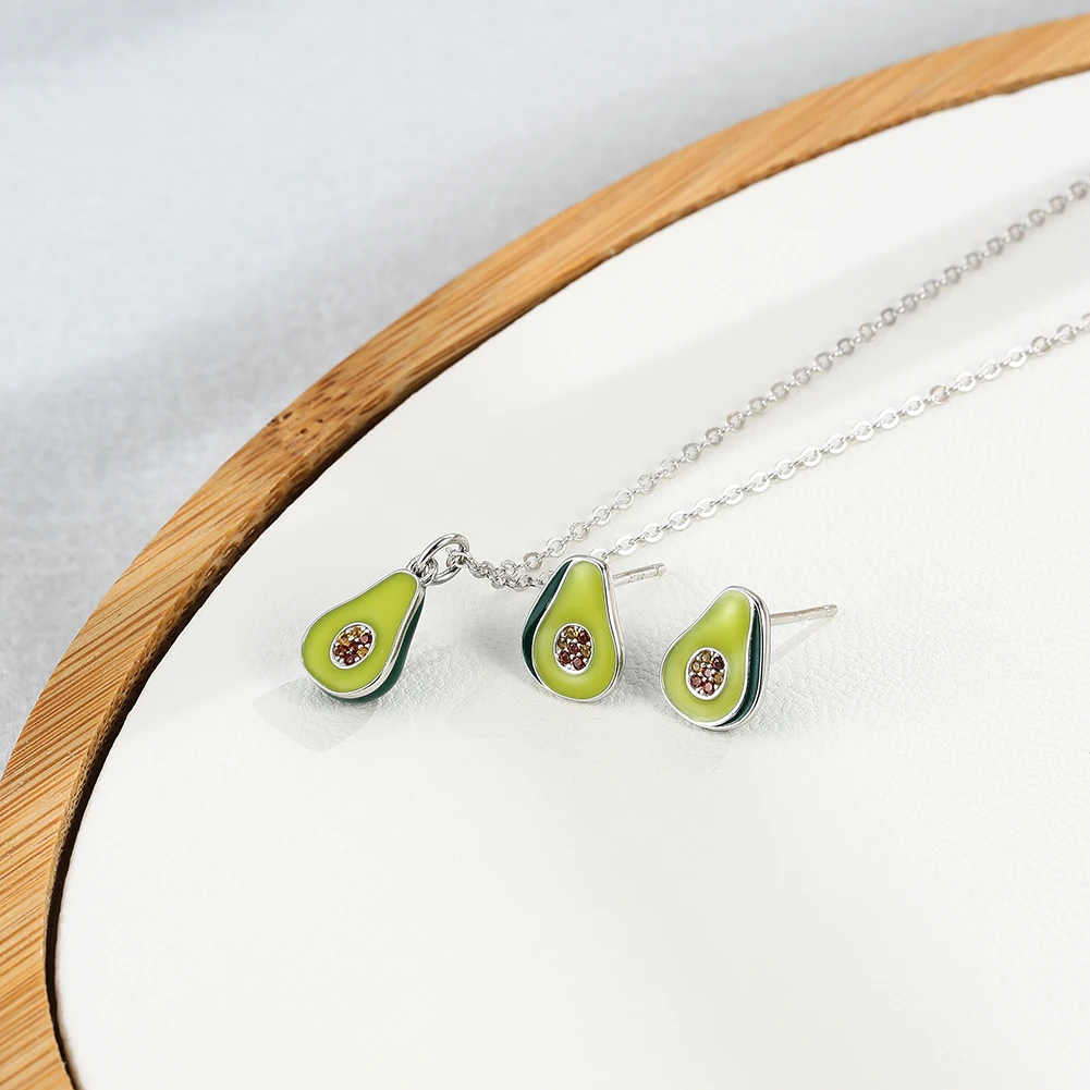 

SILVERHOO 925 Sterling Silver Jewelry Sets For Women Fresh Avocado Earrings Pendant Necklace Fine Jewelry Set Hot Selling Gift